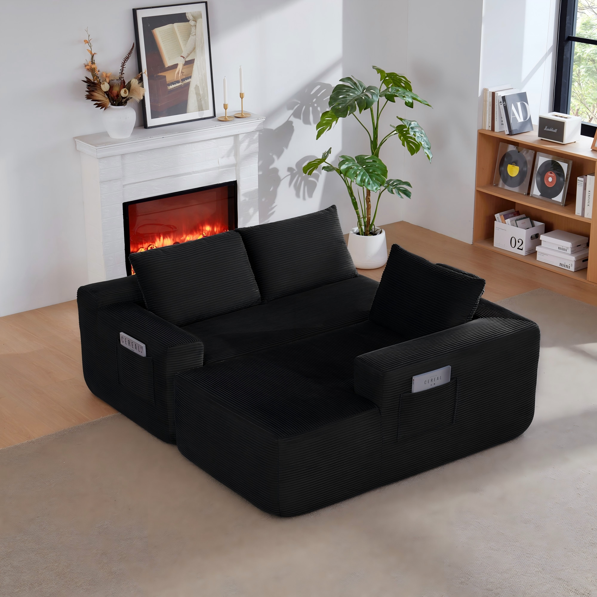 Modern Modular Corduroy Sectional Sofa With L-shaped Chaise Black_voghion.com